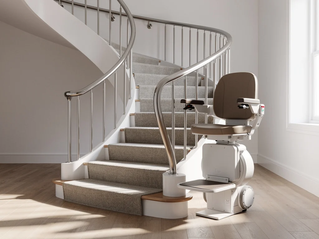 Monte-escalier tournant épousant la courbe d'un escalier avec palier