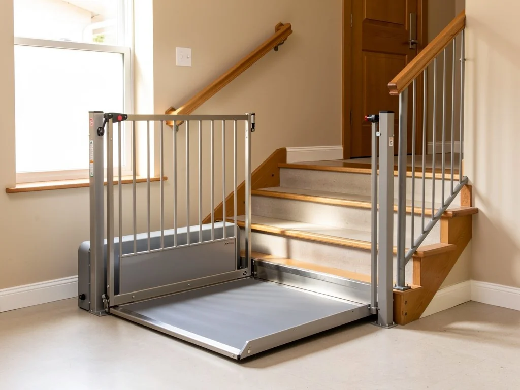 Plateforme élévatrice pour fauteuil roulant installée près de quelques marches