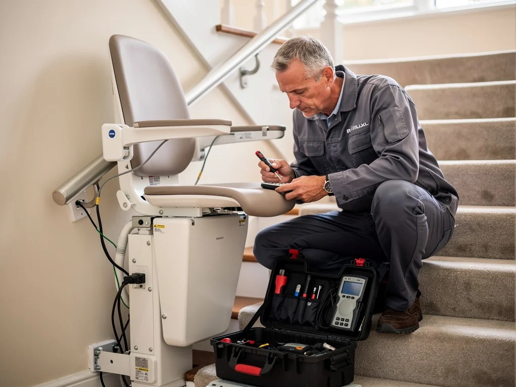 Technicien réglant un monte-escalier pendant la mise en service